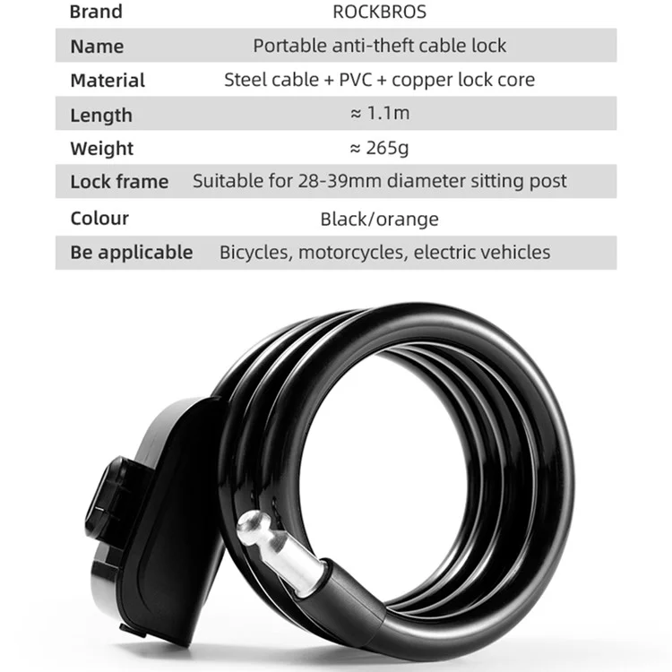 ROCKBROS RKS515 Bicycle Coiled Locks Portable Anti-Theft Bicycle Steel Cable Lock with Keys for Motorcycle, MTB, Door, Gate, Fence - Black