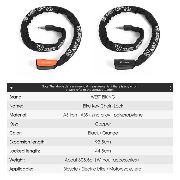 WEST BIKING YP0705097 Bike Chain Lock Anti Theft Bicycle Security Chain Lock - Orange