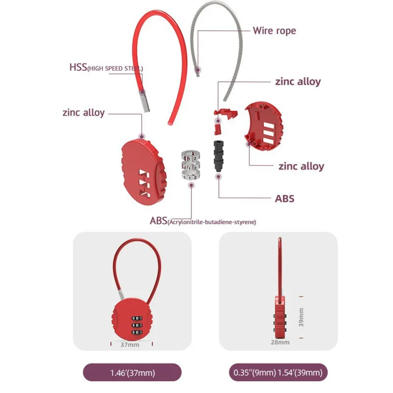 01U 40cm Mini 3-Digit Password Padlock Round Steel Wire Combination Lock for Backpack - Sapphire