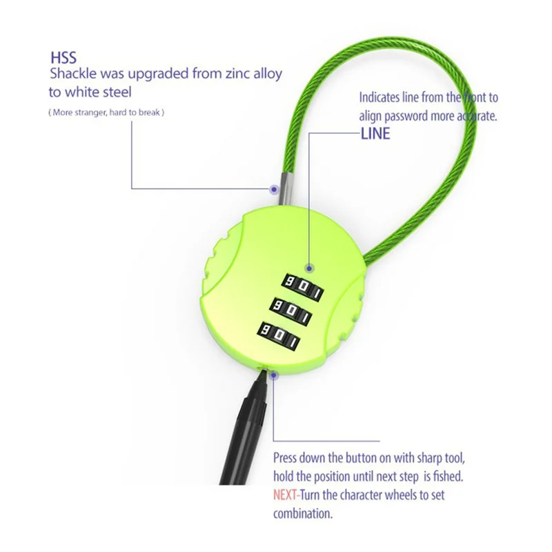 01U 40cm Mini 3-Digit Password Padlock Round Steel Wire Combination Lock for Backpack - Sapphire