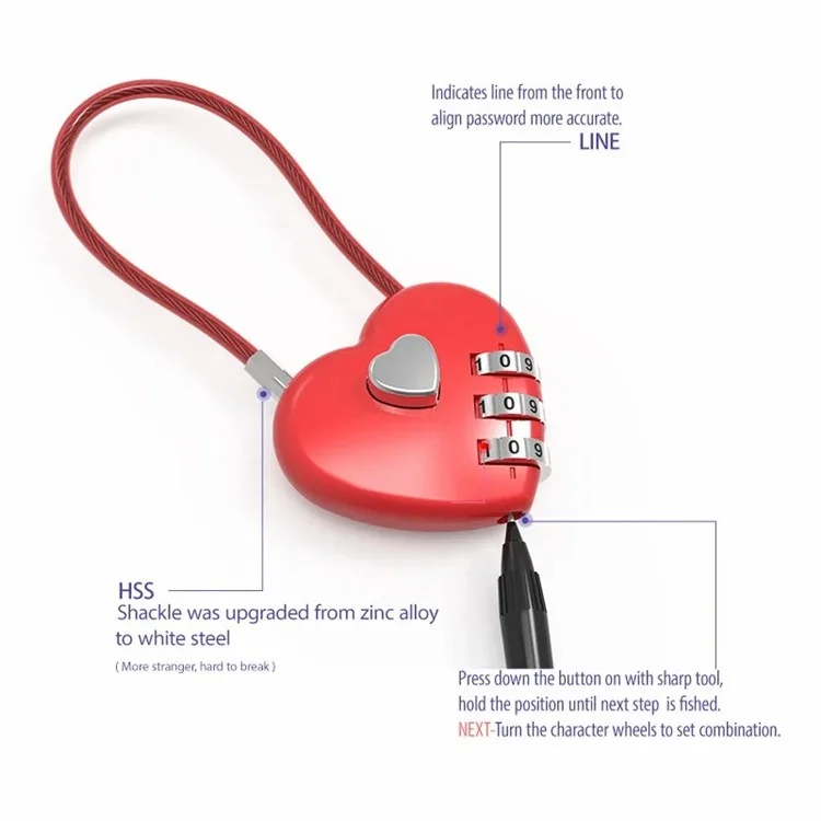 06U 3-Digit Code Padlock 50cm Zinc Alloy Heart Shaped Hall Locker for Luggage Backpack - Red
