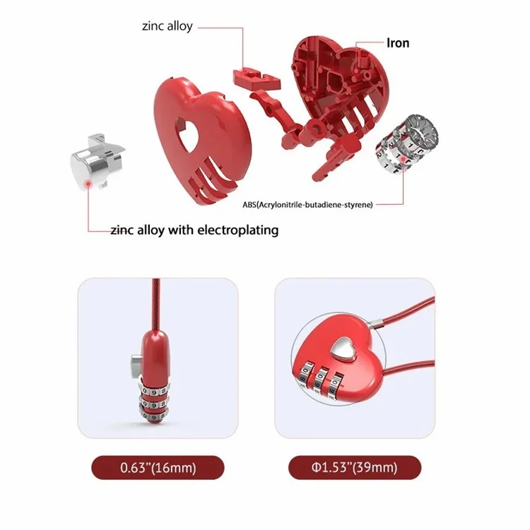 06U 3-Digit Code Padlock 50cm Zinc Alloy Heart Shaped Hall Locker for Luggage Backpack - Red