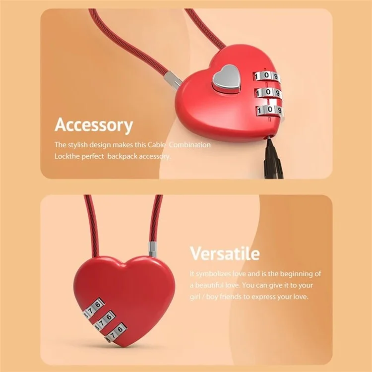 06U 3-Digit Code Padlock 50cm Zinc Alloy Heart Shaped Hall Locker for Luggage Backpack - Red