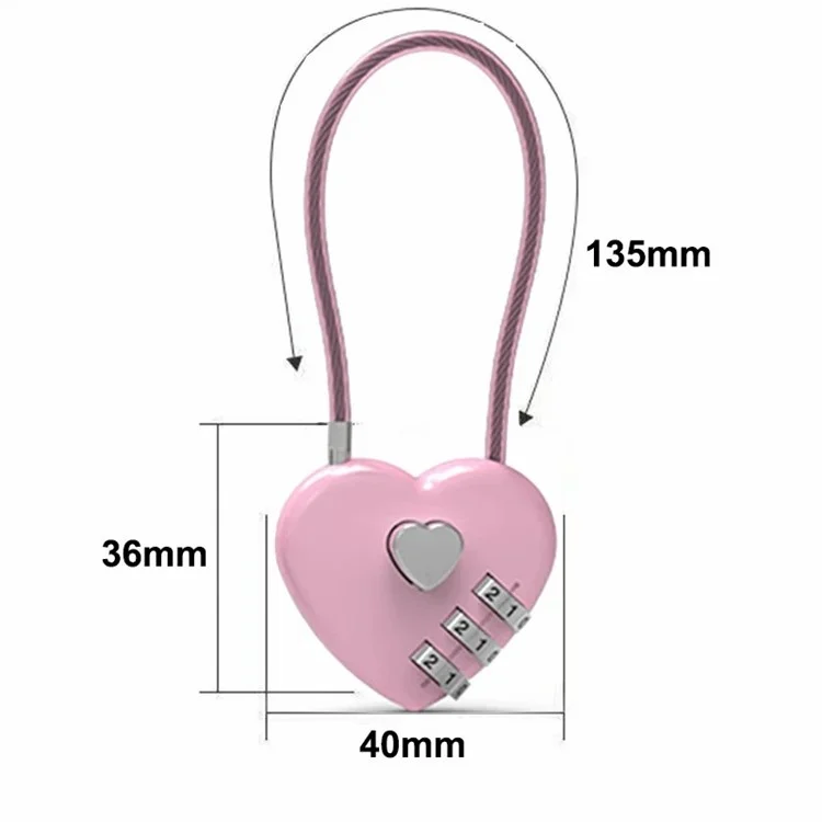 06U 30cm Heart-Shaped Zinc Alloy Lock 3-Digit Cable Combination Lock for Bag, Suitcase - Red