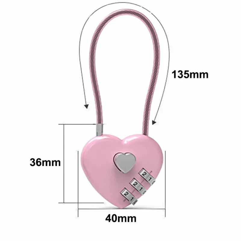 06U 30cm Heart-Shaped Zinc Alloy Lock 3-Digit Cable Combination Lock for Bag, Suitcase - Grey