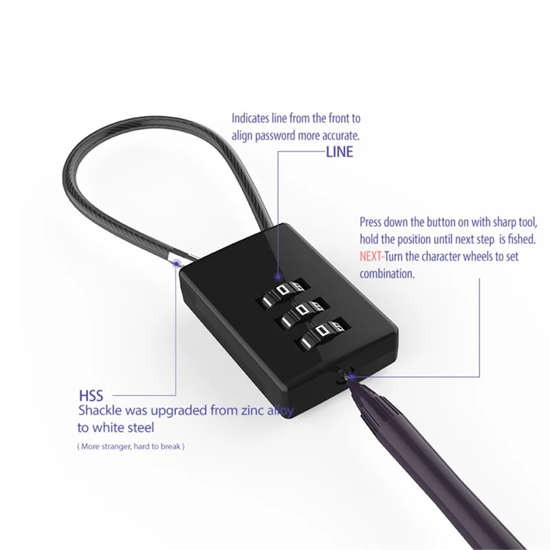 02U 3 Digit Combination Travel Cable Lock Zinc Alloy 135mm Small Mini Code Lock - Gold