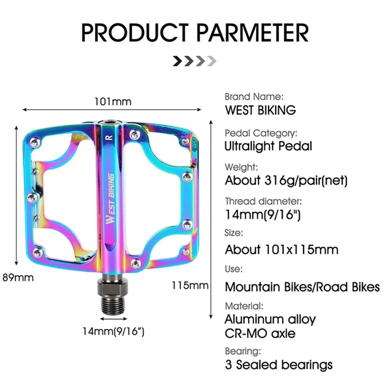 WEST BIKING YP0802081 Pedali per bicicletta antiscivolo e colorati 3 cuscinetti ultra-leggeri per MTB e bici da strada 