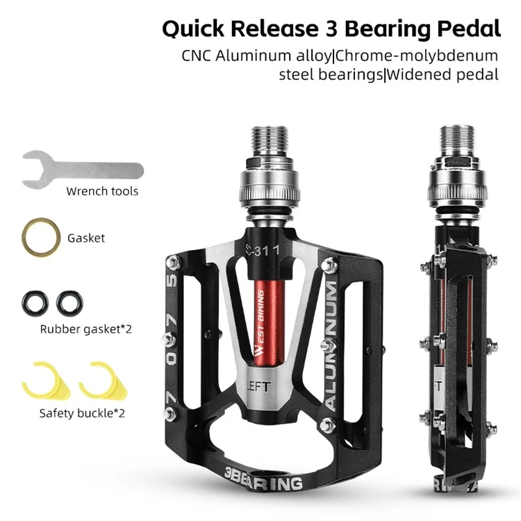 WEST BIKING YP0802121 1 Pair Aluminum Alloy Quick Release 3 Bearing Bicycle Pedal - Black