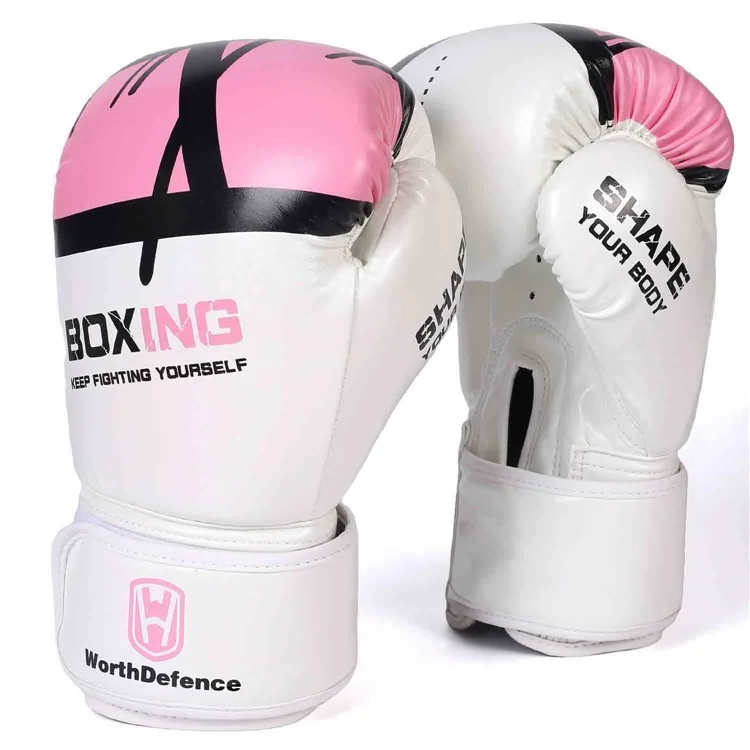WOSWEIR HA0189 1 Pair 10oz Boxing Gloves Kickboxing Training Gloves for Adult Women - White / Pink