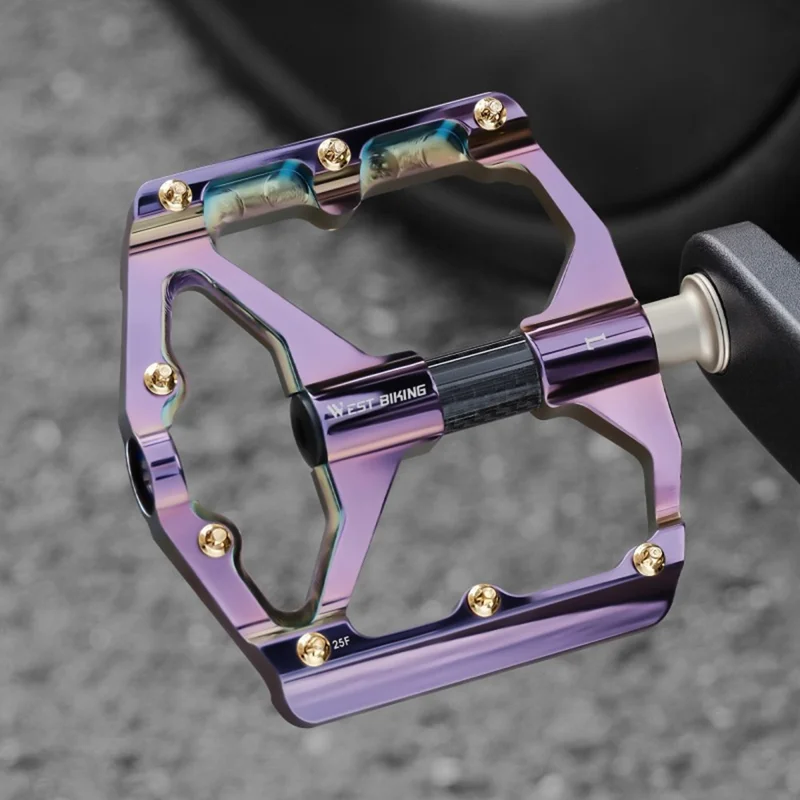 WEST BIKING 3-Lager Mountainbike-Pedale aus elektrolytisch verchromter Aluminiumlegierung mit breiter Plattform und rutschfester Oberfläche, Schwarze Achse - Lila