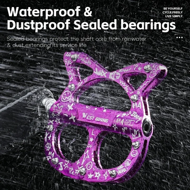 WEST BIKING YP0802137 Pedales de Bicicleta de Aleación de Aluminio con Cojinetes Sellados Triples Antideslizantes - Púrpura Fluorescente