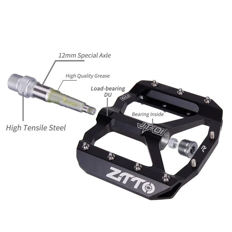 ZTTO JT01 1 Pair MTB Bike Aluminum Alloy 12mm Axle Flat Pedal Bicycle Lightweight Bearing Pedals - Red