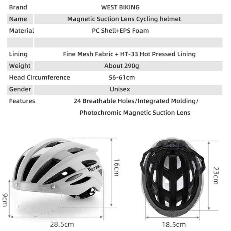 WEST BIKING YP0708120 EPS Foam Cycling Helmet with Magnetic Suction Photochromic Lens - Light Grey