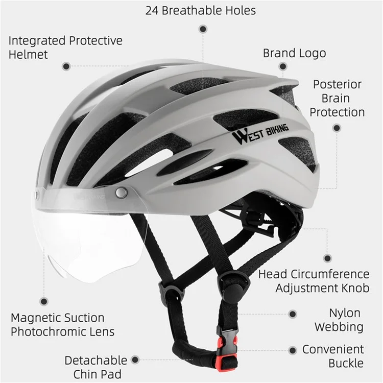 WEST BIKING YP0708120 EPS Foam Cycling Helmet with Magnetic Suction Photochromic Lens - Light Grey