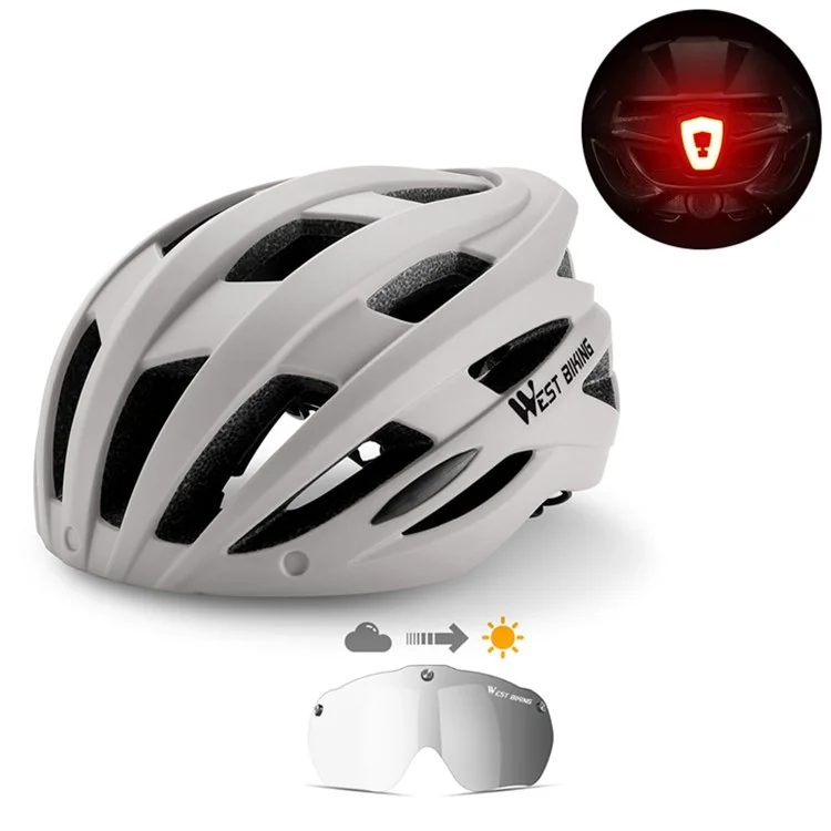 WEST BIKING YP1602564 Lunettes à lentilles photochromiques amovibles Casque de cyclisme en coquille PC avec feu arrière - Gris clair