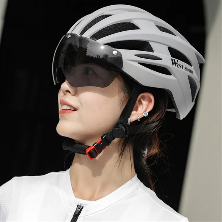 WEST BIKING YP1602564 Lunettes à lentilles photochromiques amovibles Casque de cyclisme en coquille PC avec feu arrière - Gris clair