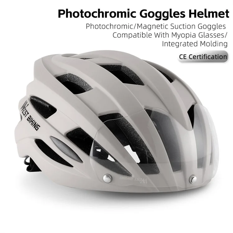 WEST BIKING YP1602564 Lunettes à lentilles photochromiques amovibles Casque de cyclisme en coquille PC avec feu arrière - Gris clair