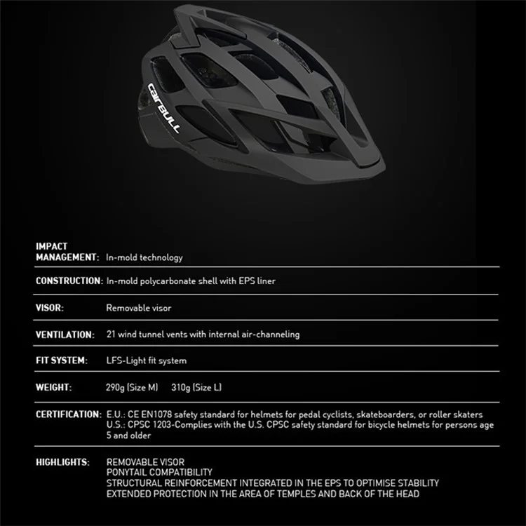 CAIRBULL CB-12 Capacete de Bicicleta Mountain Road PC+EPS Capacete de Ciclismo Rodoviário com Viseira Destacável - Preto / Tamanho M