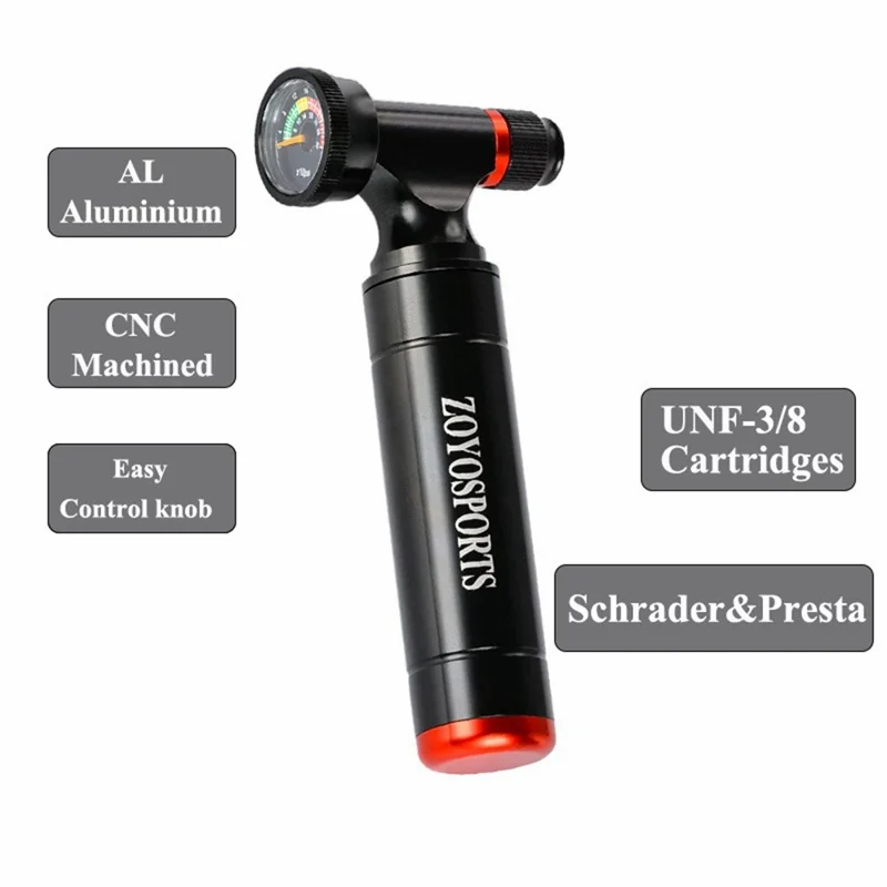 ZOYOSPORTS ZY-P002B Портативный насос для велосипеда с CO2-инфлятором и манометром, алюминиевый, для накачки углекислым газом, без газового баллончика