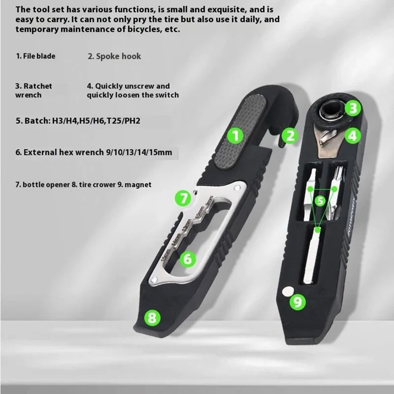 ZOYOSPORTS ZY-BT12 Attrezzo Multiuso per Riparazione Bicicletta con Leva Pneumatici, Chiave Esagonale, Cricchetto e Cacciavite