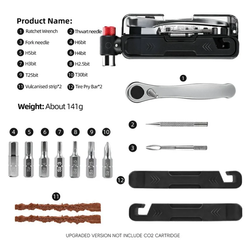 WEST BIKING 0719452B0000 Bike Repair Tool Kit Multifunctional Hex Key CO2 Inflator Valve Set for Bicycle Maintenance