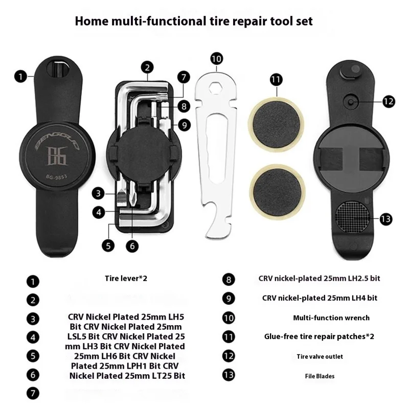 BENGGUO BG-9853 13 in 1 Portable Bike Tire Repair Tool Rotary Locking Design Multifunctional Wrench