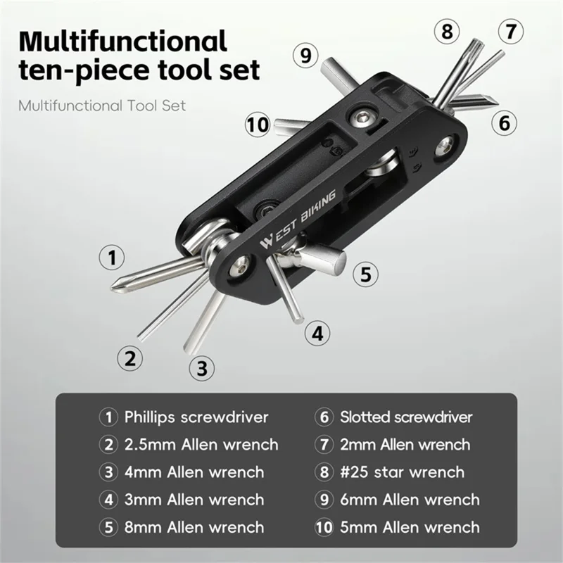 WEST BIKING YP0719488 10 in 1 Multitool for Bicycle Repair Kit Portable Screwdriver Hex Wrench Cycling Equipment