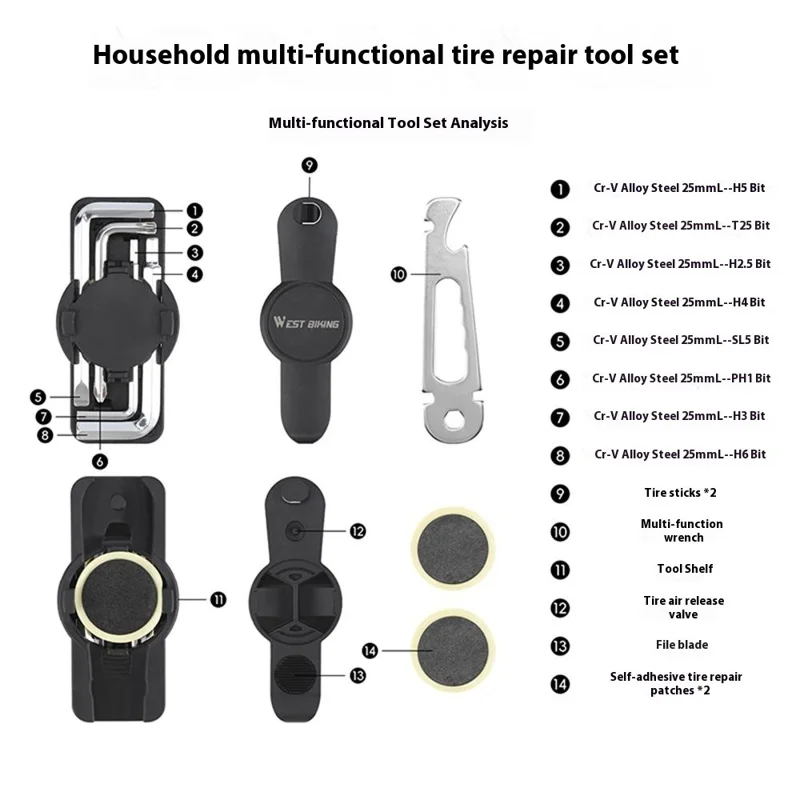 WEST BIKING YP0719487 Multi-Function Bike Repair Tool Set Hexagon Wrench Spoke Wrench for Bicycle / Electric Bike / Motorcycle