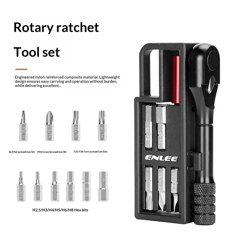 ENLEE EN56 Multi-Functional Hex Key Ratchet Wrench Bicycle 2-Way Switch Portable Maintenance Tool with Extension Rod for Bike - Black
