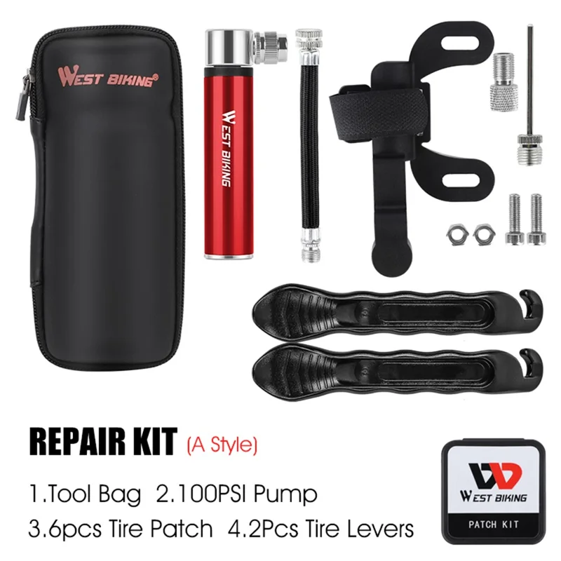 Kit De Herramientas De Reparación De Bicicleta De Bicicleta Oeste Portátil MTB Bike Bike Bike Bomba De Aire Palanca De Neumáticos Reparación De Parche Con Bolsa De Almacenamiento - Bomba Roja