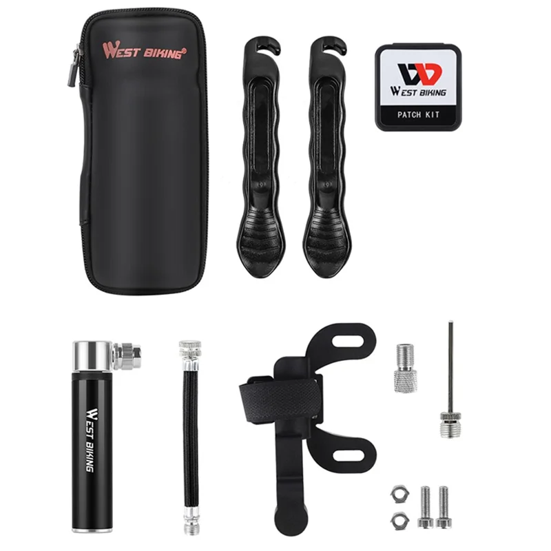 WEST BIKING Kit di Attrezzi per Riparazione Biciclette Portatile MTB Strada Bici Pompa Aria Pneumatici Leva Pneumatici Riparazione Patch con Borsa di Stoccaggio - Pompa Nera