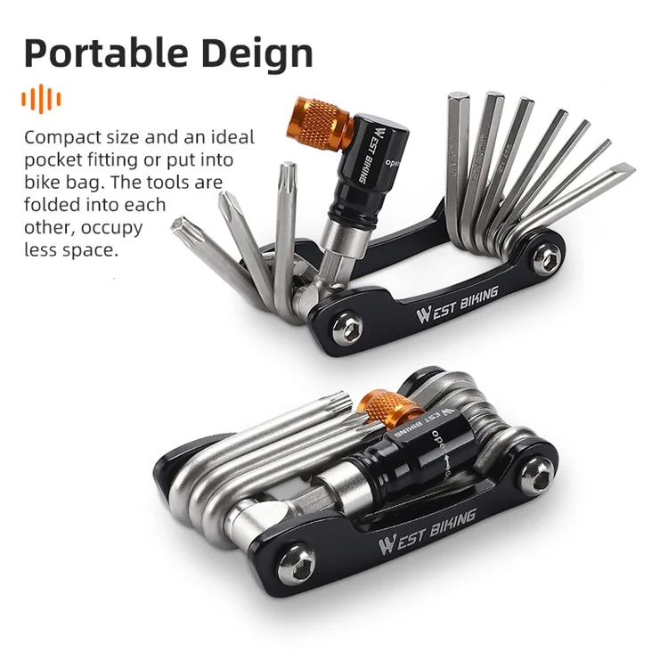 WEST BIKING YP0719349 Multifunction CRV Steel Bicycle Repair Tool CO2 Air Nozzle Screwdriver Wrench Kit