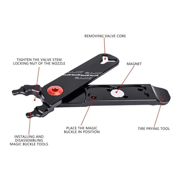 ZTTO MSKQ 4 en 1 Herramienta de extracción de enlaces de cadena de bicicleta, palanca de neumáticos, extractor de válvula de núcleo de aleación de aluminio - Negro