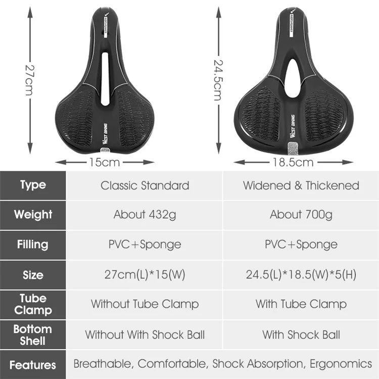 West Biking Bicycle Saddle Reflective Soft PU Leather Mtb Tochofroping Seat Cushion - Style Sportif