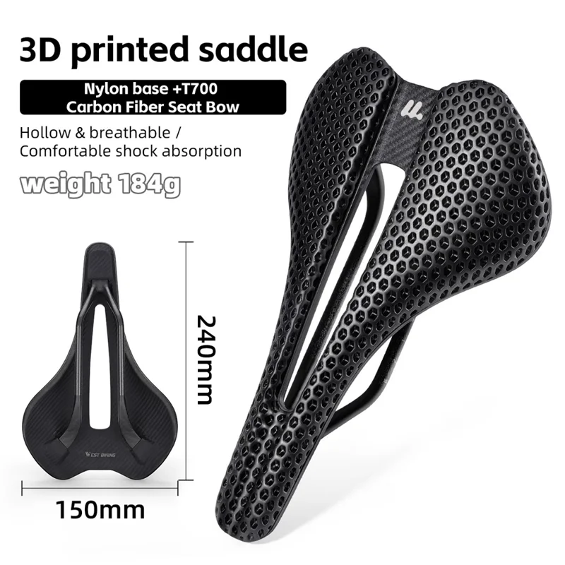 WEST BIKING YP0801250 Selim de Bicicleta com Impressão 3D em PU, Fibra de Carbono para Bicicletas de Estrada e Mountain Bike, 240 x 150mm