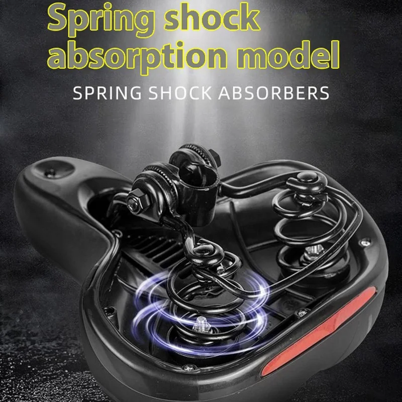 Mountain Bike Sponge Seat Cushion Reflective Wide Saddle with Shock Absorbing Spring - Red