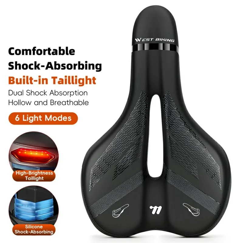 WEST BIKING YP0801263 Bicycle Seat Saddle with Warning Tail Light Hollow-Out Shock Absorption Bike Seat Cushion - Black