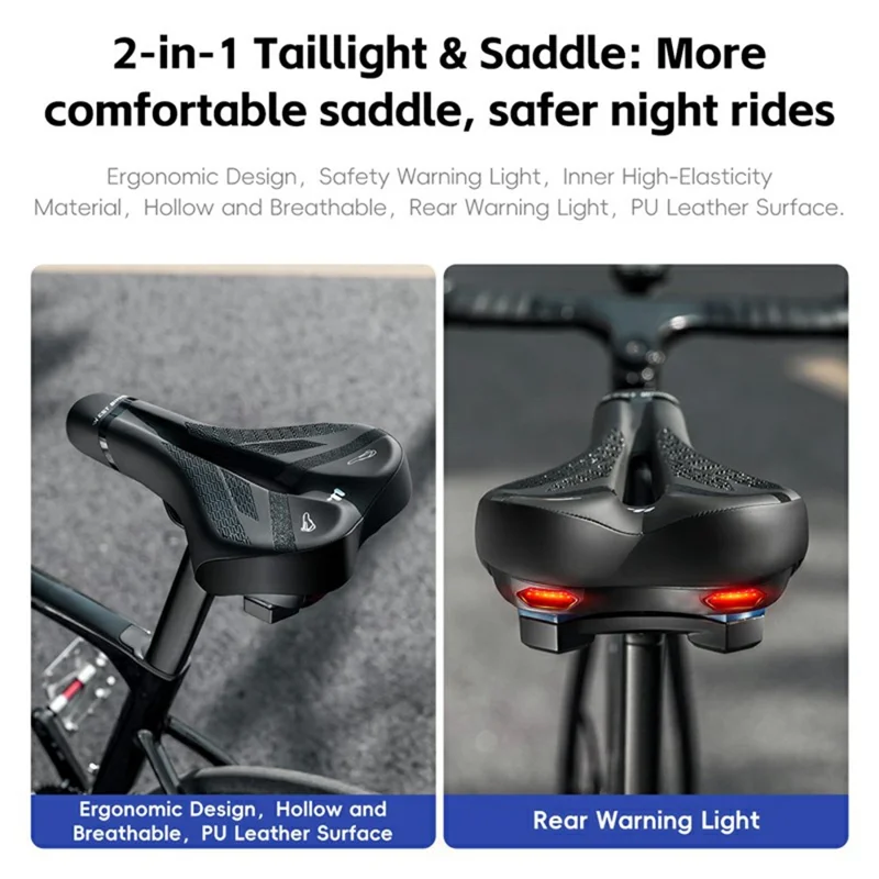 WEST BIKING YP0801263 Bicycle Seat Saddle with Warning Tail Light Hollow-Out Shock Absorption Bike Seat Cushion - Black