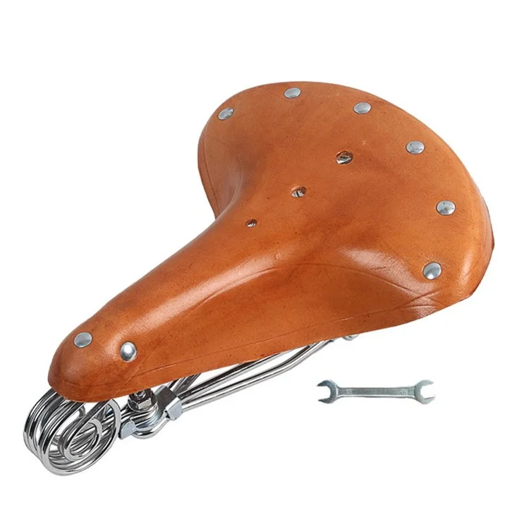 MTB Bike Seat Cushion Retro Leather Saddle + Carbon-Plated Steel Spring Bicycle Seat Cycling Accessories - Light Brown