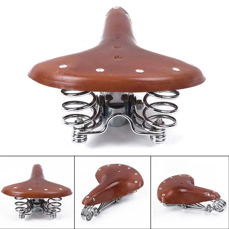 MTB Bike Seat Cushion Retro Leather Saddle + Carbon-Plated Steel Spring Bicycle Seat Cycling Accessories - Light Brown