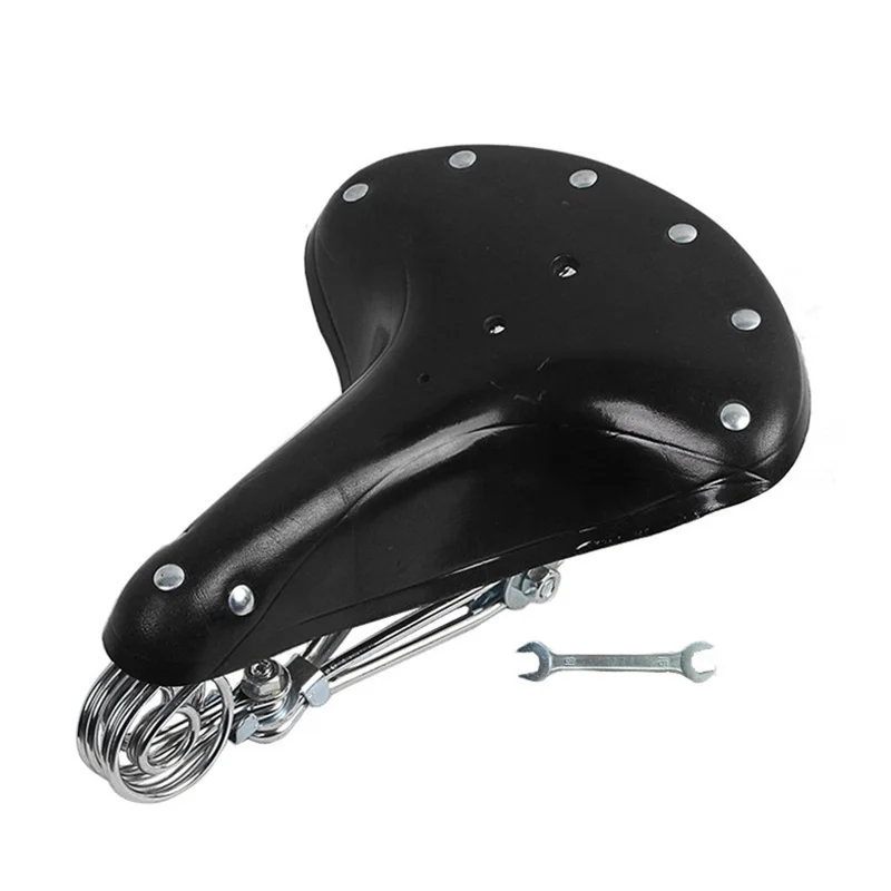 MTB Bike Seat Cushion Retro Leather Saddle + Carbon-Plated Steel Spring Bicycle Seat Cycling Accessories - Black