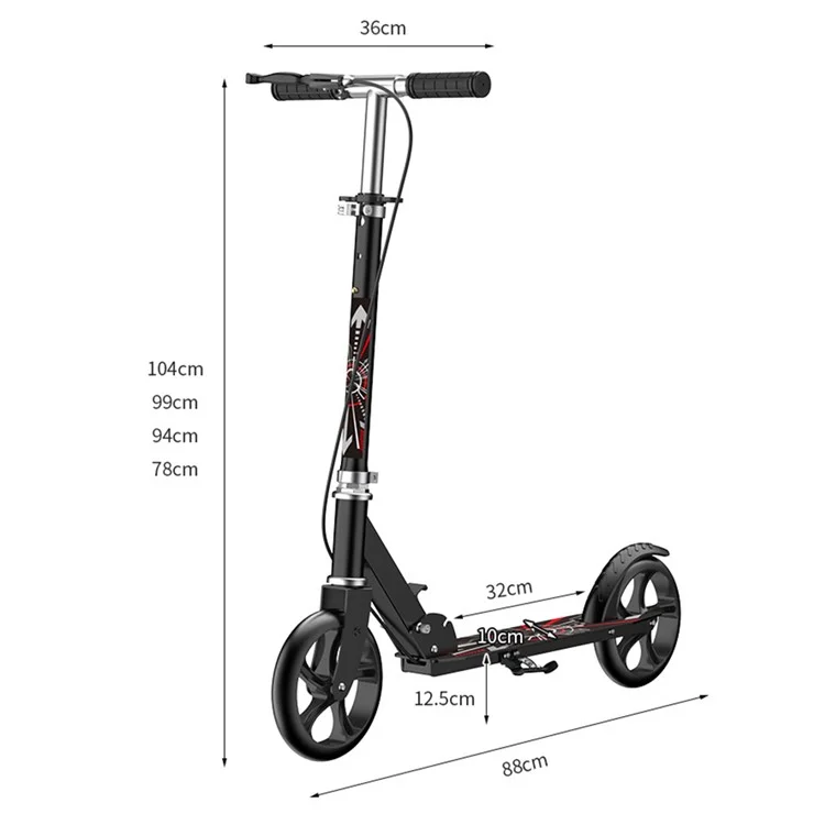 999 Scooter de Ferro Dobrável Com Rodas Espessadas e Freios Duplos Para Adolescentes Adultos - Preto