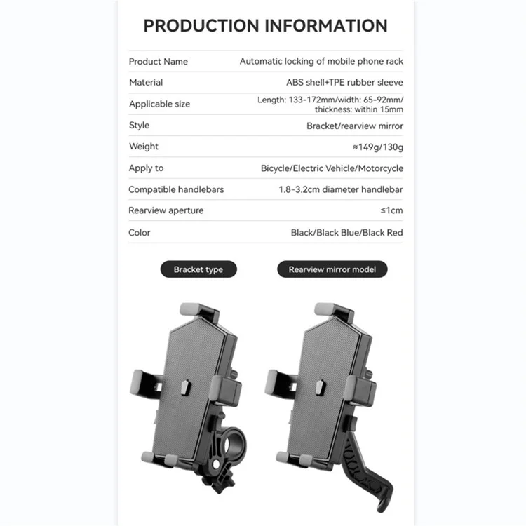 Bengguo BG-1111 Support de Téléphone de Téléphone Rotary Electric Bike Phone Stand Pour un Téléphone de 4 à 7 Pouces - Vélo / Noir