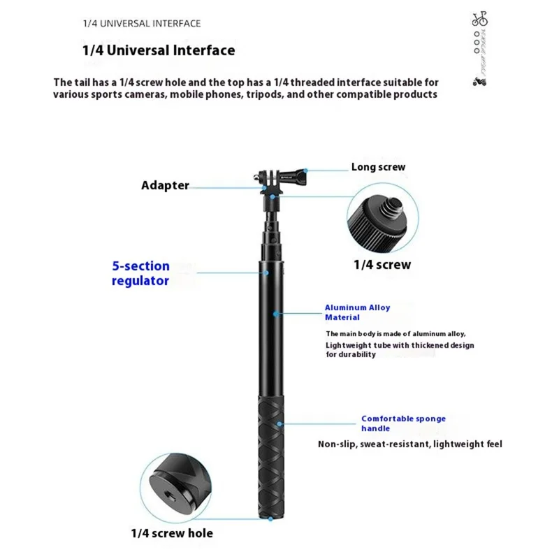 PULUZ PU817 Anti Shake Aluminum Alloy Motorcycle Bike Handlebar Mount Selfie Stick Compatible with Cameras