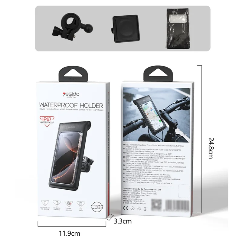 YESIDO C333 360 Degree Rotation Phone Holder Waterproof Bag for Bicycle Electric Bike Handlebar Mount