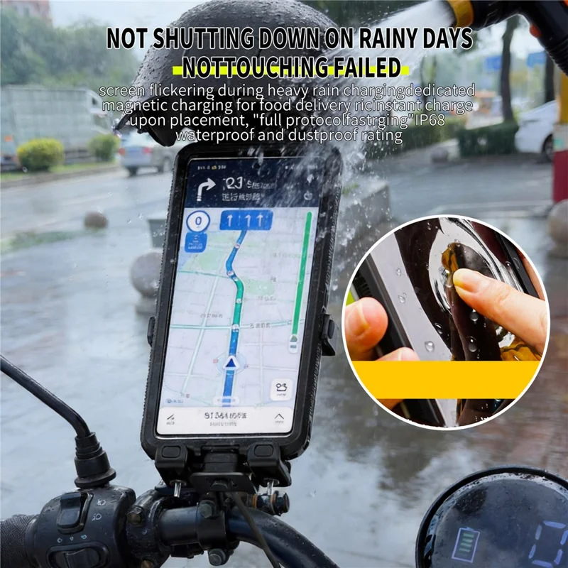 Metal Adjustable Phone Holder Magnetic Charging IPX8 Waterproof with Sunshade Cap for Motorcycle - Black