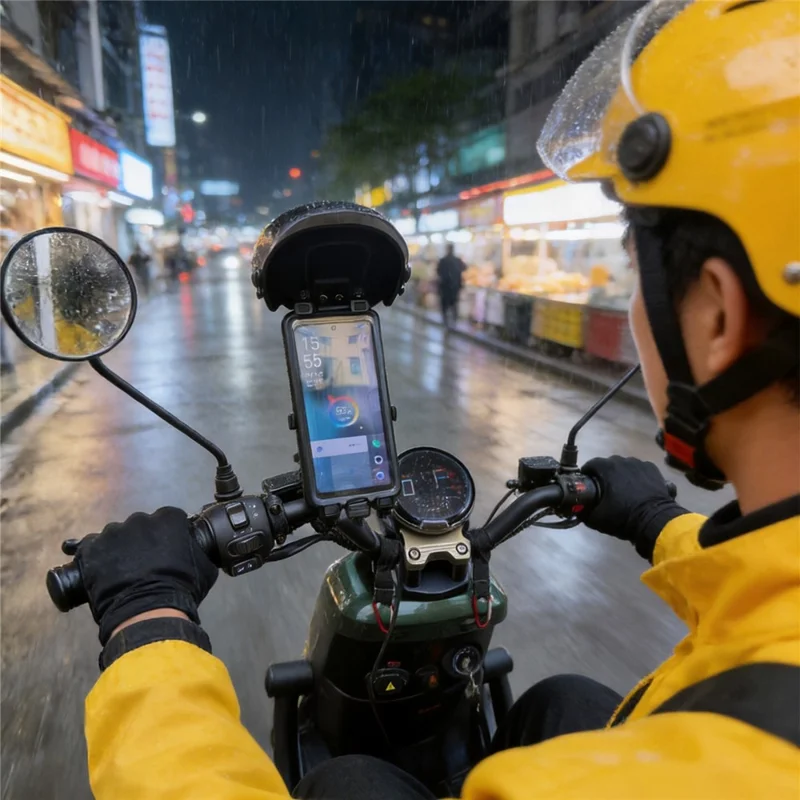Metal Adjustable Phone Holder Magnetic Charging IPX8 Waterproof with Sunshade Cap for Motorcycle - Black