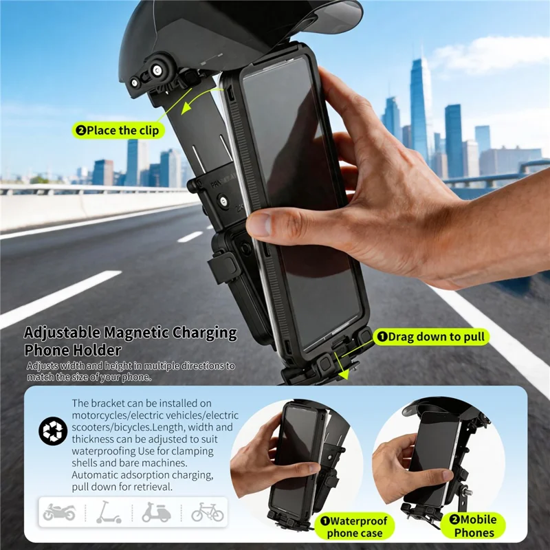 Metal Adjustable Phone Holder Magnetic Charging IPX8 Waterproof with Sunshade Cap for Motorcycle - Yellow