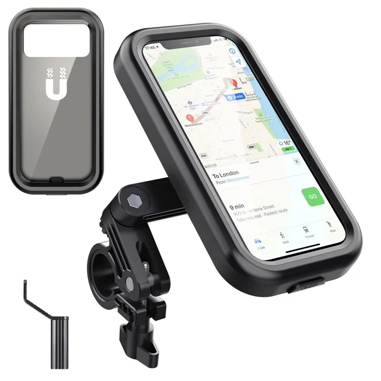 HL-159 Soporte para Teléfono de Espejo Retrovisor Impermeable para Motocicleta con Rotación para Teléfonos de 4,7-6,8 Pulgadas - Todo Negro