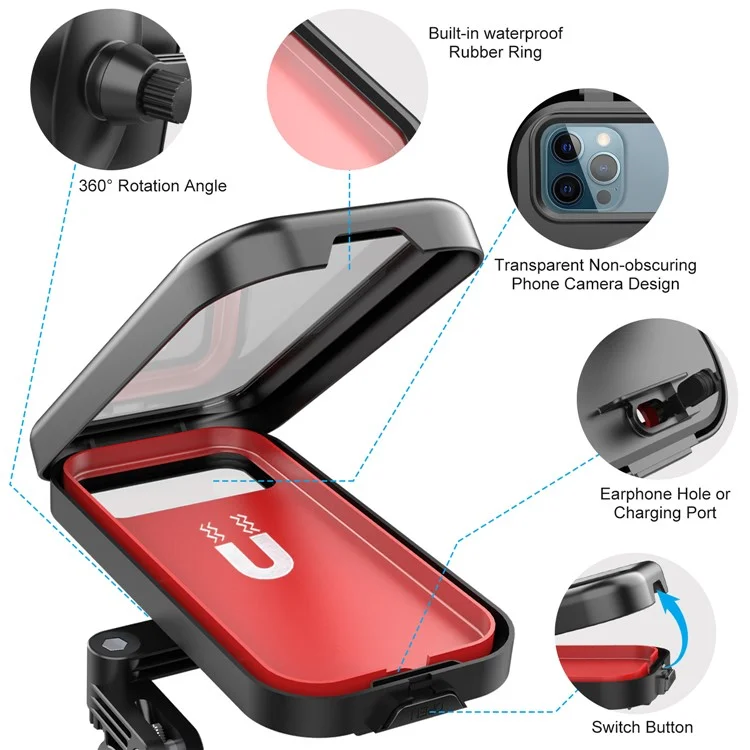 HL-159 Soporte para Teléfono de Espejo Retrovisor Impermeable para Motocicleta con Rotación para Teléfonos de 4,7-6,8 Pulgadas - Todo Negro